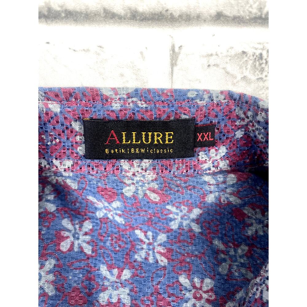 ALLURE Batik Shirt Men XXL Cotton Short Sleeve Geometric Floral Red White Blue - Picture 4 of 8